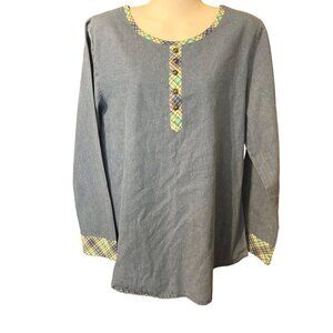Womens Country Store Chambray Top Tunic Long Sleeve 100% Cotton Size Large Plaid